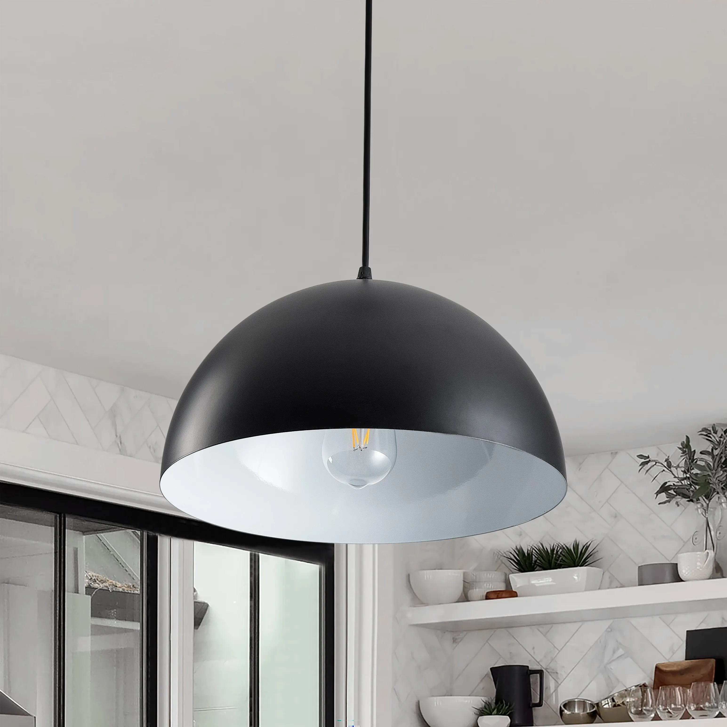 1-Light Modern Black Metal Dome Pendant Lighting