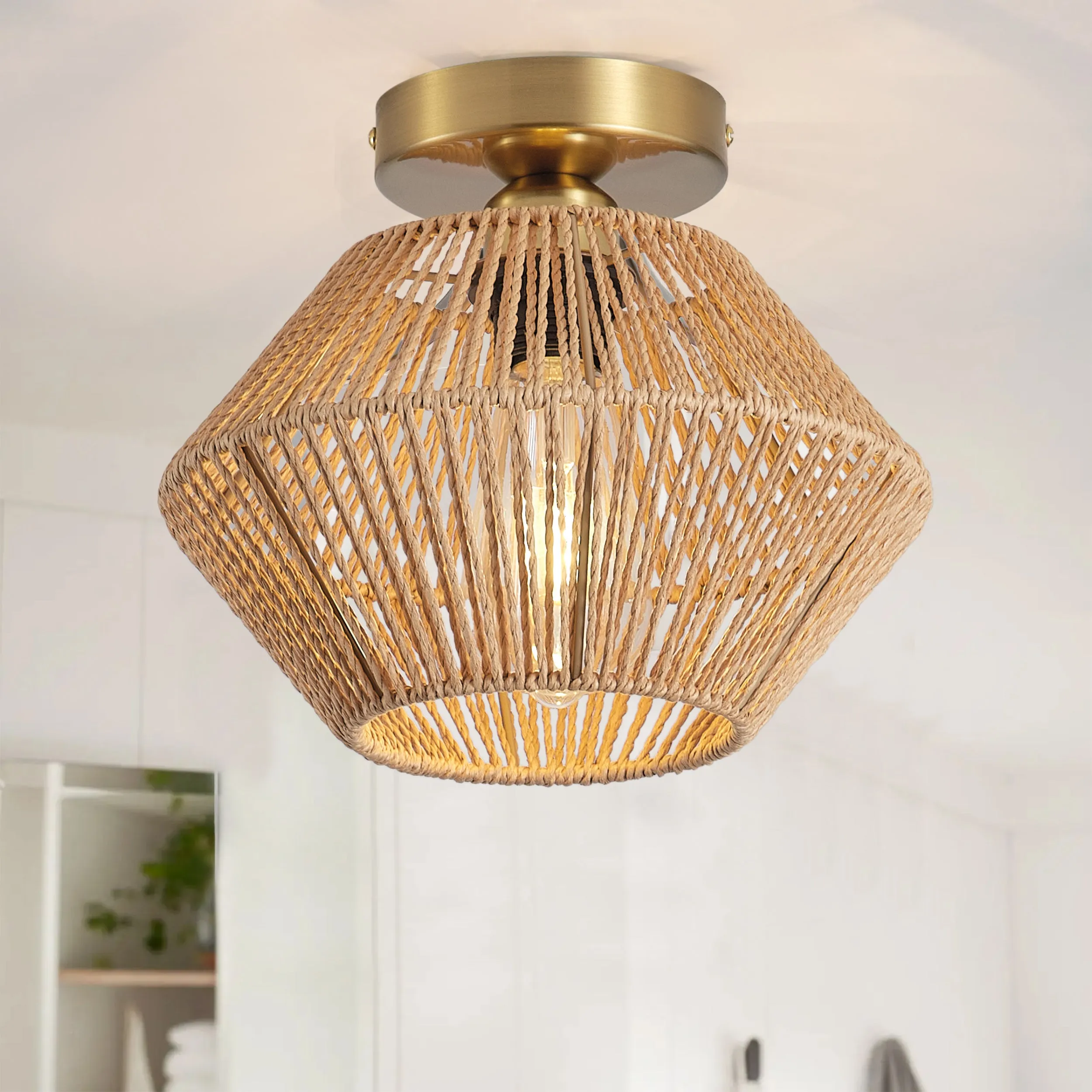 1-Light Paper String Openwork Design Semi-Flush Mount Lighting