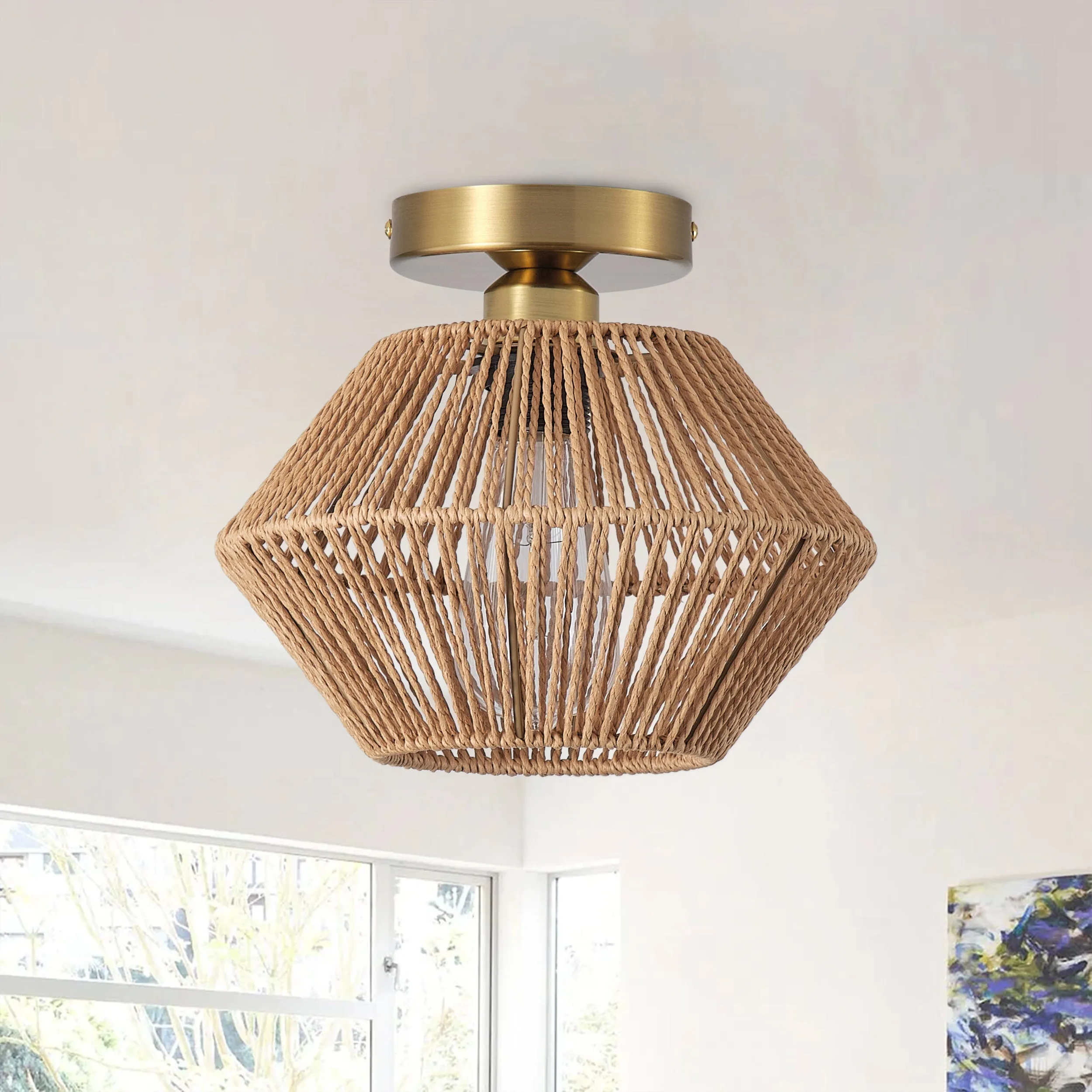 1-Light Paper String Openwork Design Semi-Flush Mount Lighting