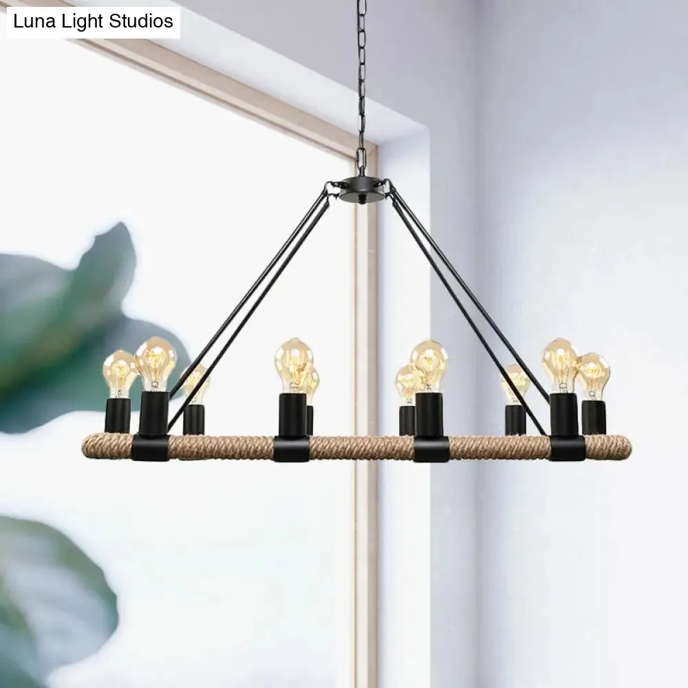 10 Bulbs Chandelier Lighting - Loft Style Rectangular Frame Pendant with Black Metal & Rope Detail