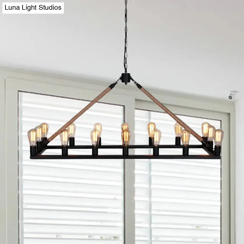 10 Bulbs Chandelier Lighting - Loft Style Rectangular Frame Pendant with Black Metal & Rope Detail