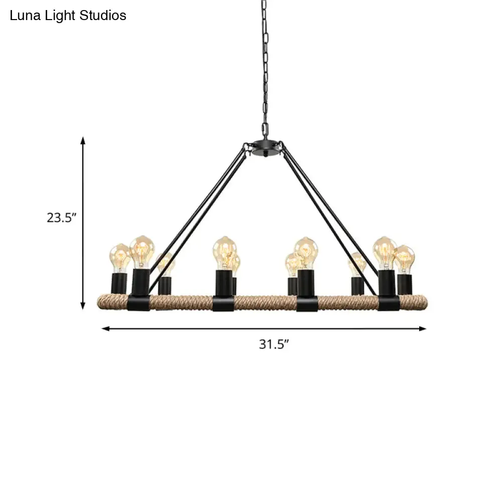 10 Bulbs Chandelier Lighting - Loft Style Rectangular Frame Pendant with Black Metal & Rope Detail