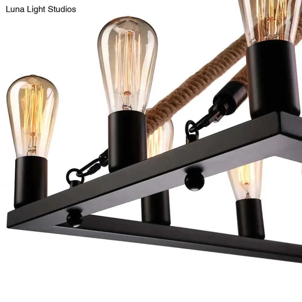 10 Bulbs Chandelier Lighting - Loft Style Rectangular Frame Pendant with Black Metal & Rope Detail