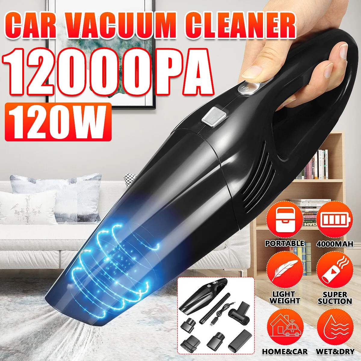 120W Wireless/Wired Handheld Portable Handy Car Home Vacuum Cleaner 120W 12000Pa Super Strong Suction Vacuum for Home and Car