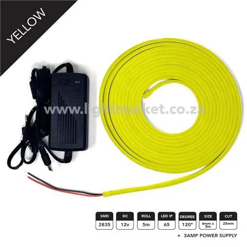 12v 6mm Neon LED Strip Light Yellow 5m With AC Adaptor