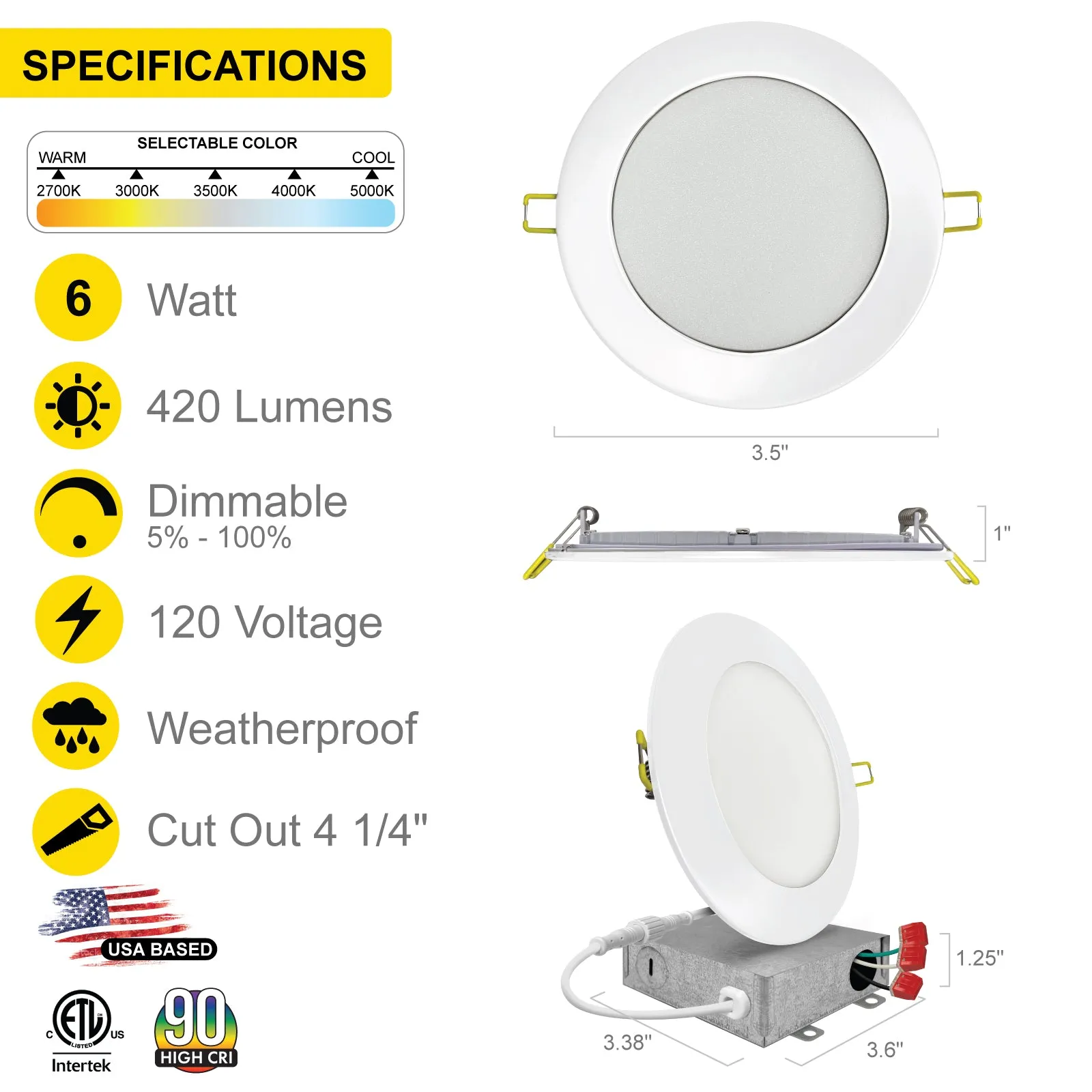 3" Inch Canless Recessed Lighting Slim LED Wafer Lights - Wet Rated - 5CCT 2700K-5000K - 550LM