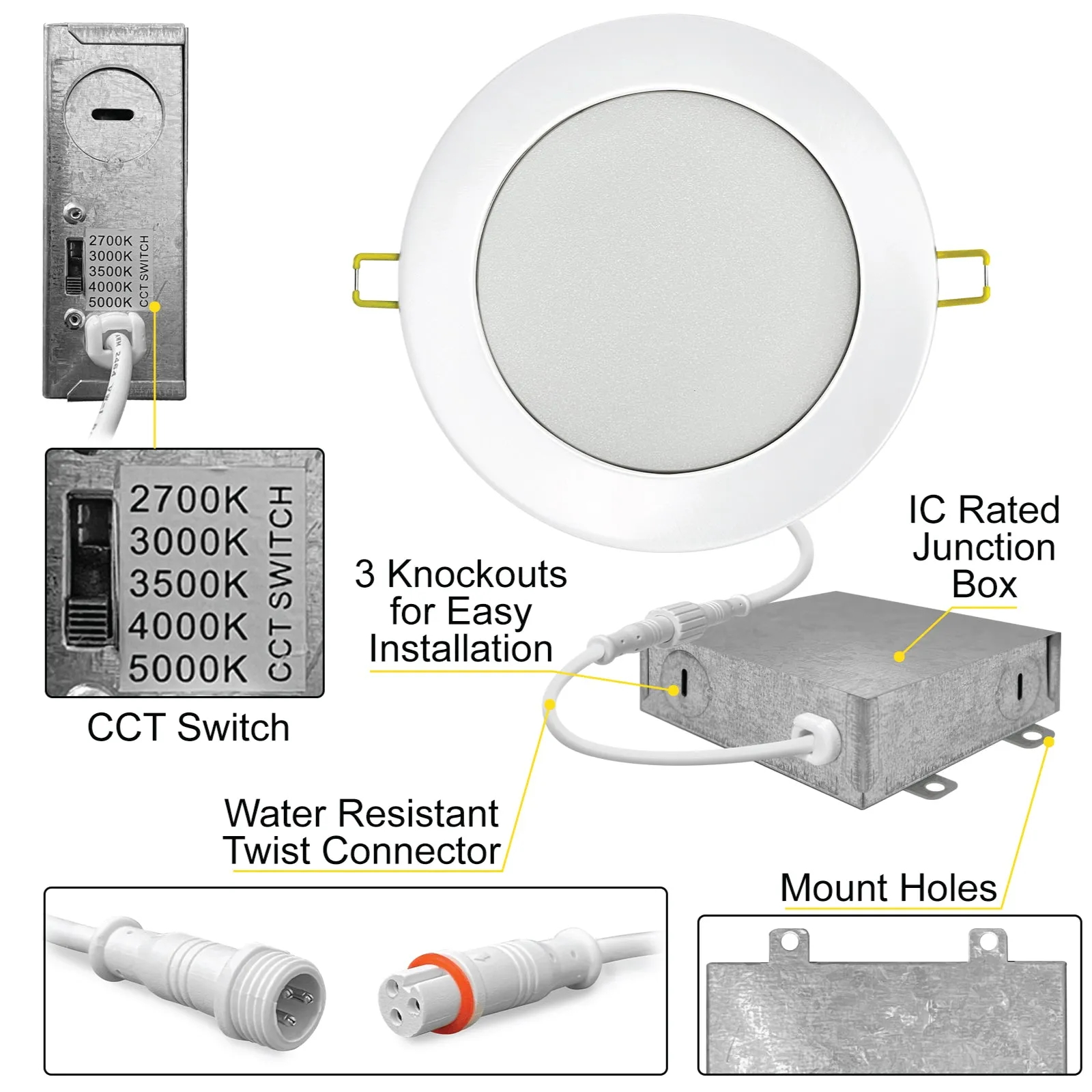 3" Inch Canless Recessed Lighting Slim LED Wafer Lights - Wet Rated - 5CCT 2700K-5000K - 550LM