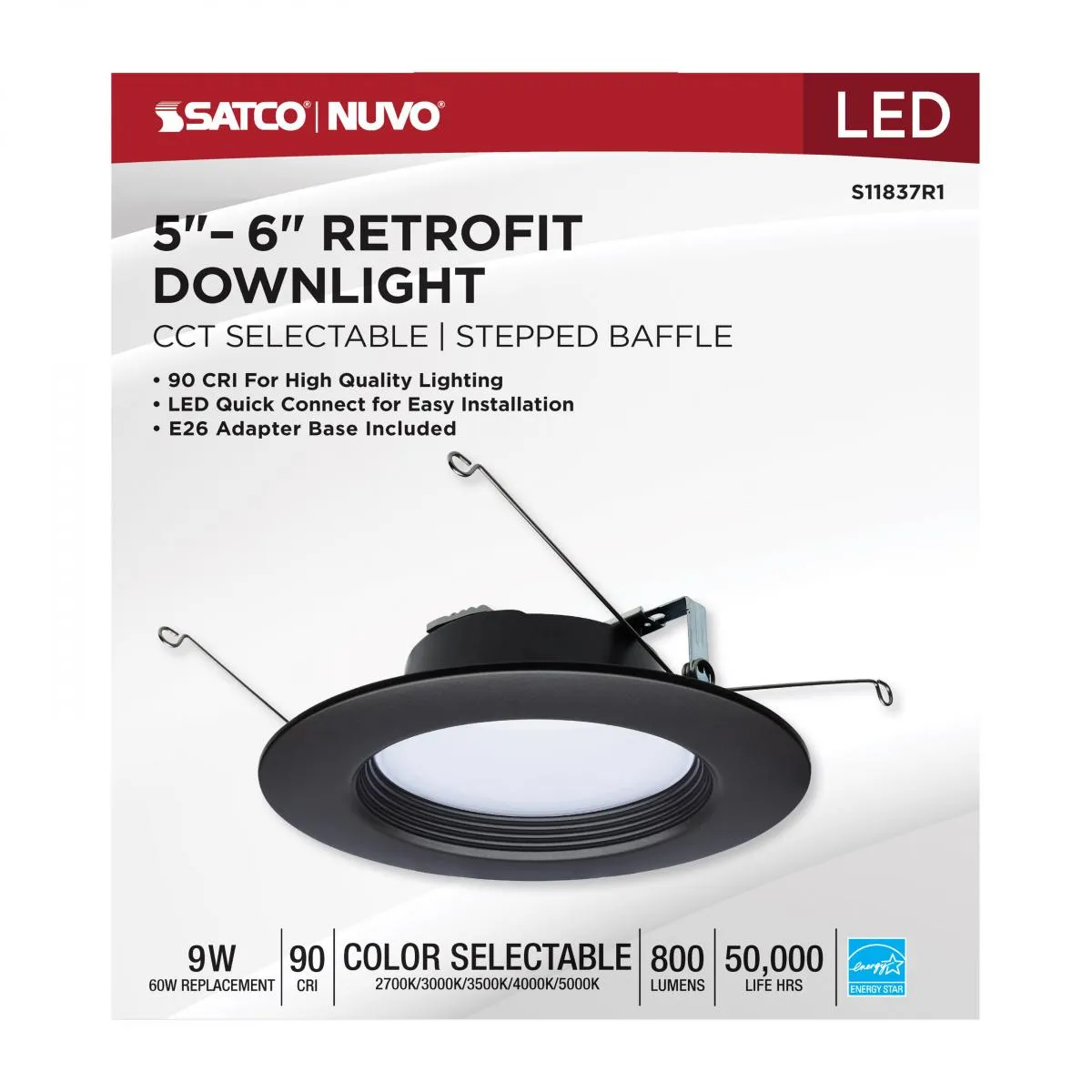 5/6 inch Retrofit LED Can Light, 9 Watts, 800 Lm, Selectable 2700K to 5000K, Bronze Baffle Trim