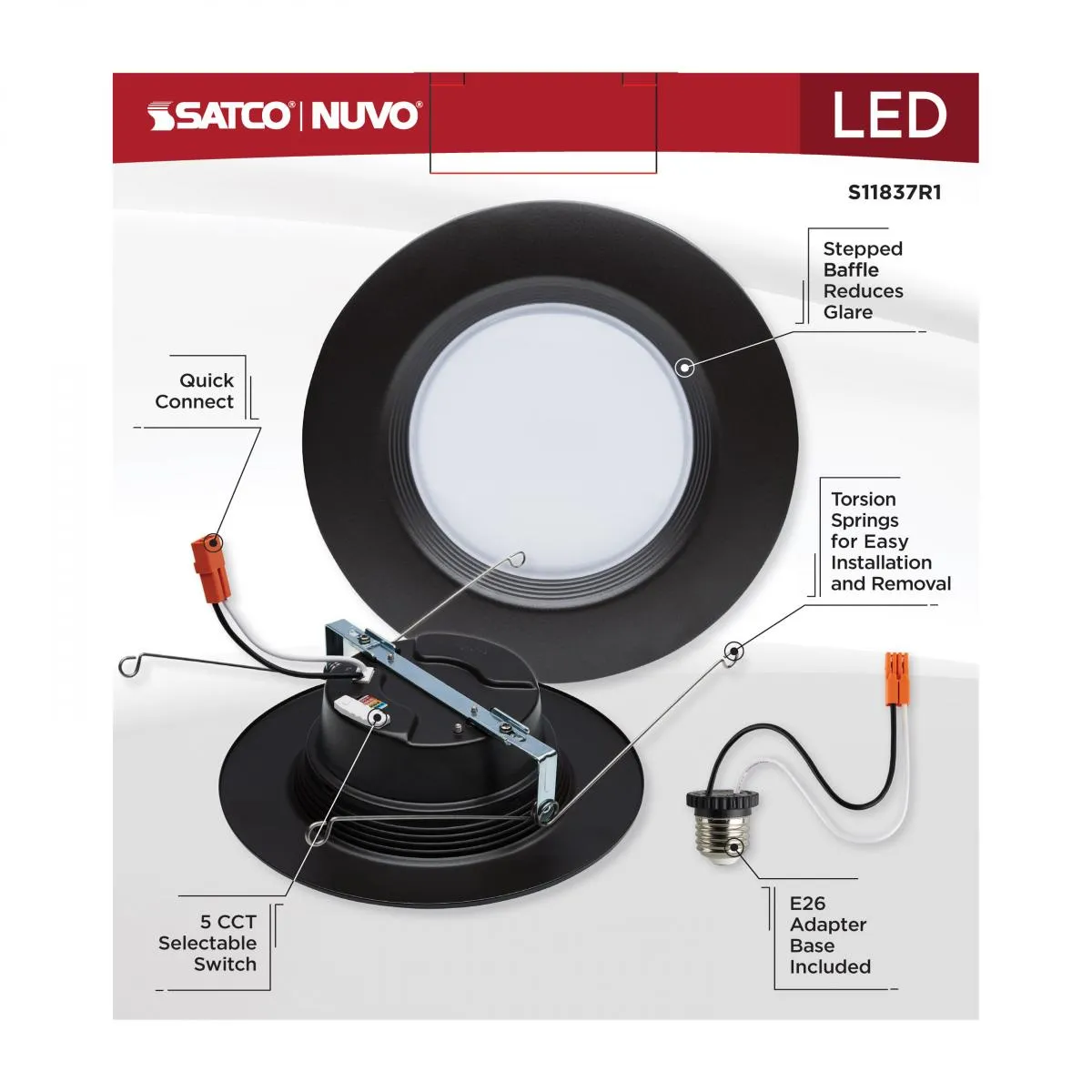 5/6 inch Retrofit LED Can Light, 9 Watts, 800 Lm, Selectable 2700K to 5000K, Bronze Baffle Trim