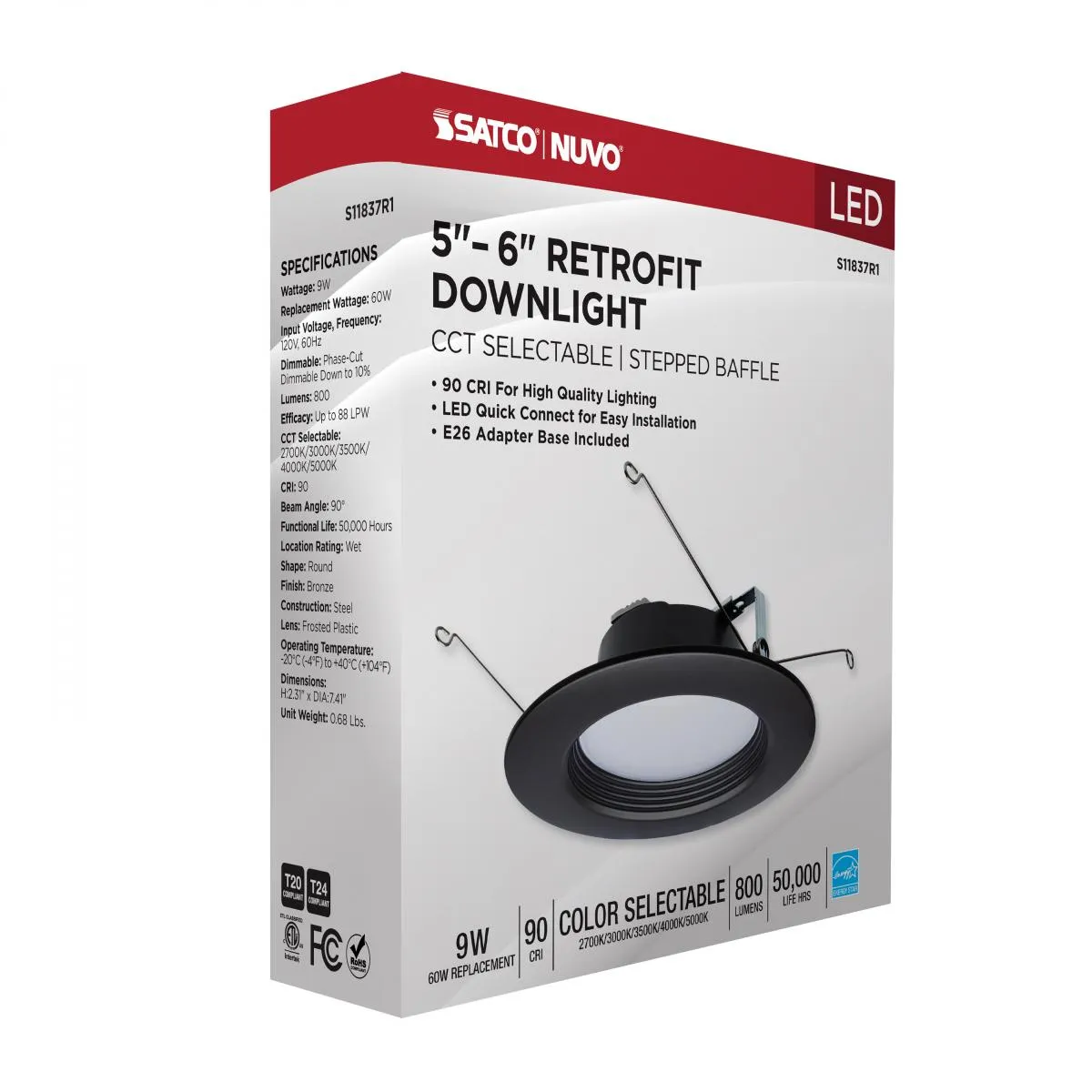 5/6 inch Retrofit LED Can Light, 9 Watts, 800 Lm, Selectable 2700K to 5000K, Bronze Baffle Trim