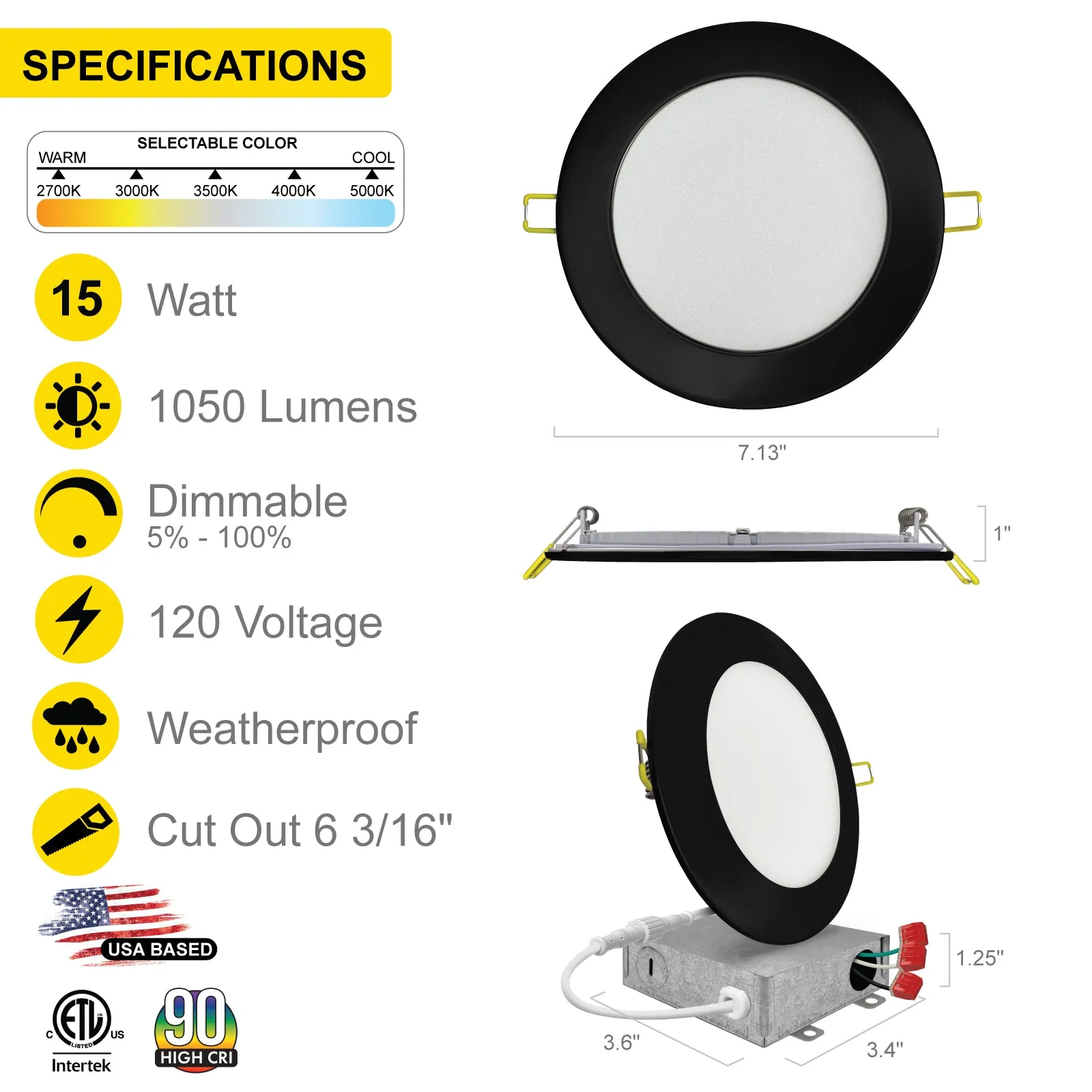 6" Inch Black Canless Recessed Lighting Slim LED Wafer Lights - Wet Rated - 5CCT 2700K-5000K - 1050LM