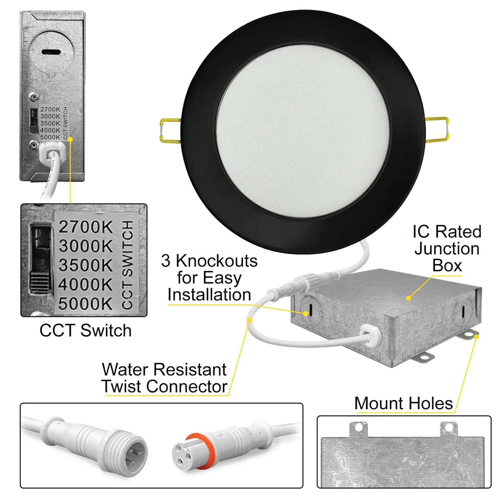 6" Inch Black Canless Recessed Lighting Slim LED Wafer Lights - Wet Rated - 5CCT 2700K-5000K - 1050LM