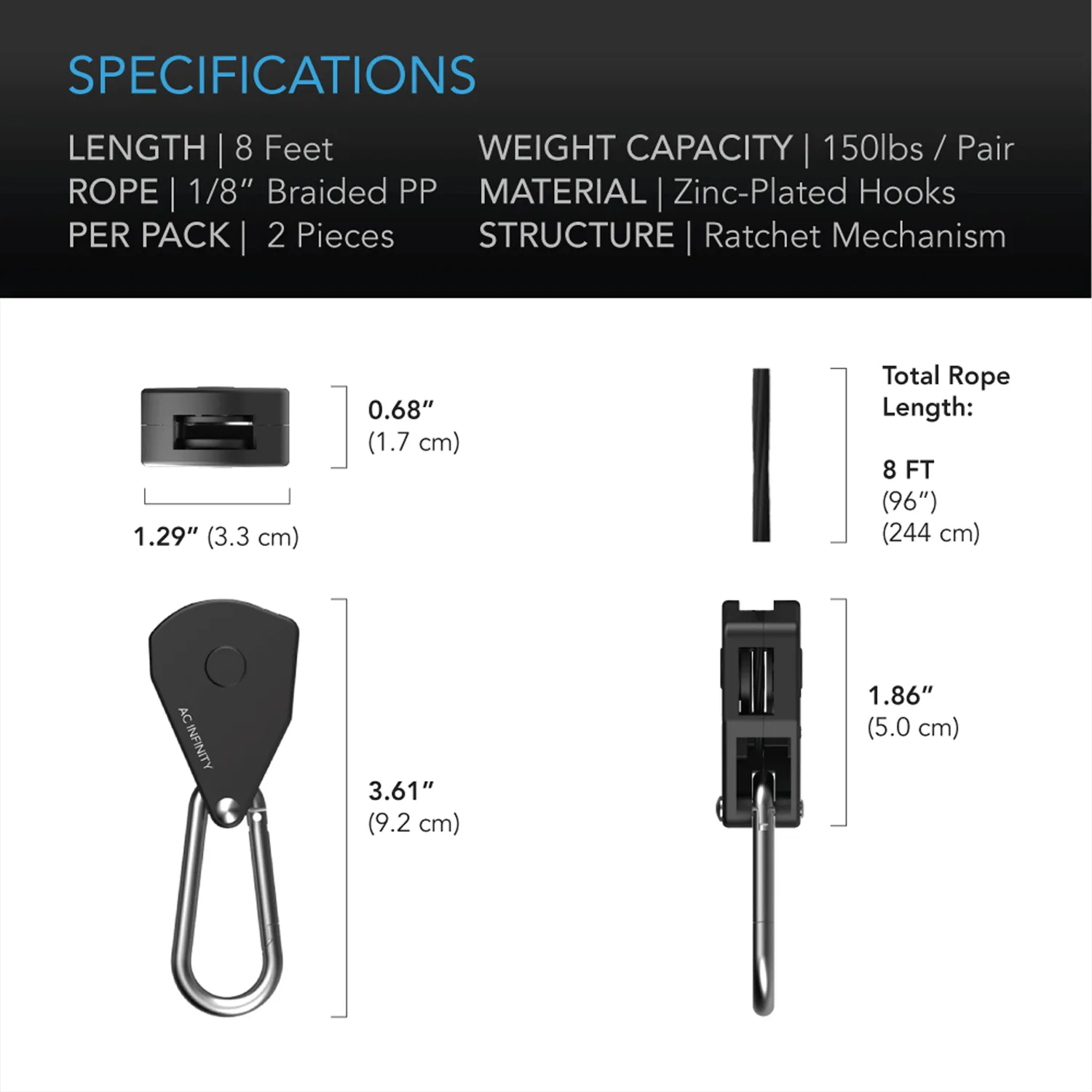 AC Infinity Heavy-Duty Adjustable Rope Clip Hanger, One Pair