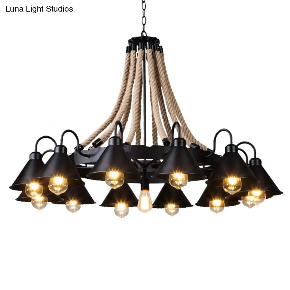 Antique Style Iron Chandelier with Black Conical Shade and Hemp Rope Pendant Lighting for Restaurants