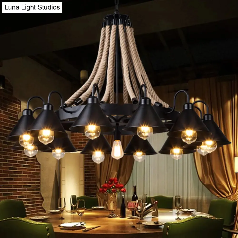 Antique Style Iron Chandelier with Black Conical Shade and Hemp Rope Pendant Lighting for Restaurants