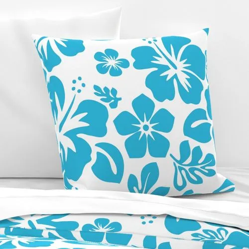 Aqua Ocean Blue and White Hawaiian Hibiscus Flowers Euro Pillow Sham