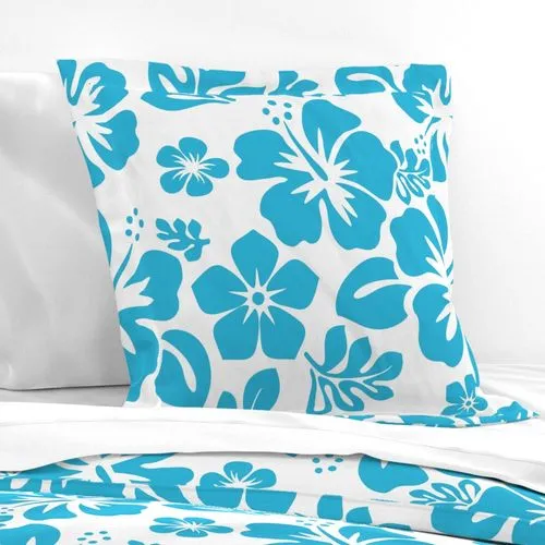 Aqua Ocean Blue and White Hawaiian Hibiscus Flowers Euro Pillow Sham