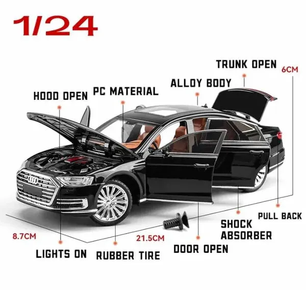 AUDI A8 1:24 DIECAST METAL PULLBACK TOY CAR WITH OPENABLE DOORS & LIGHT, MUSIC BOYS CAR FOR KIDS BEST TOYS GIFTS TOYS FOR KIDS [ COLOR AS PER STOCK ]