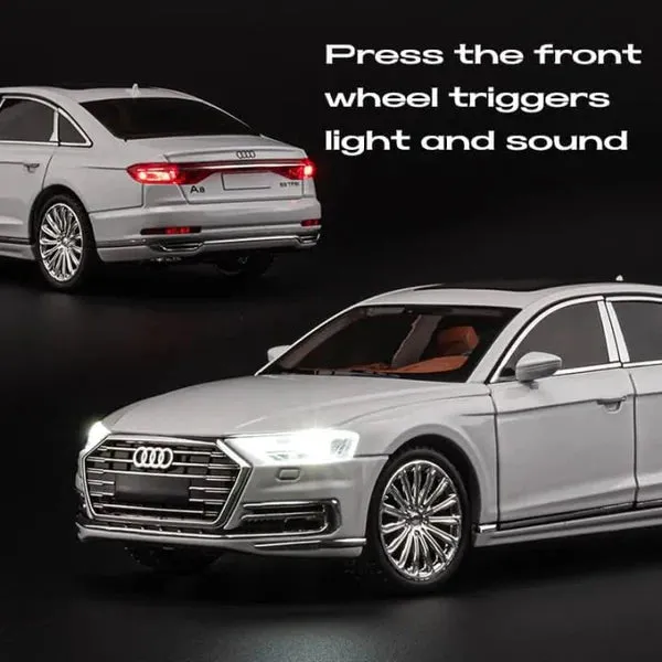 AUDI A8 1:24 DIECAST METAL PULLBACK TOY CAR WITH OPENABLE DOORS & LIGHT, MUSIC BOYS CAR FOR KIDS BEST TOYS GIFTS TOYS FOR KIDS [ COLOR AS PER STOCK ]