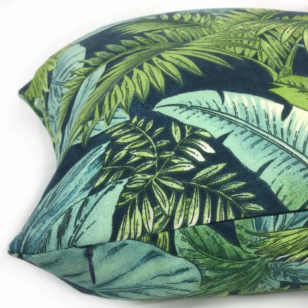 Bahama Breeze Blue Green Palm Fronds Botanical Cotton Print Pillow Cover