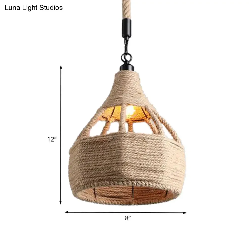 Beige Farmhouse Ceiling Light with Rope Detail - 1-Bulb Pendant Lamp for Coffee Shops - 8" or 15" Wide