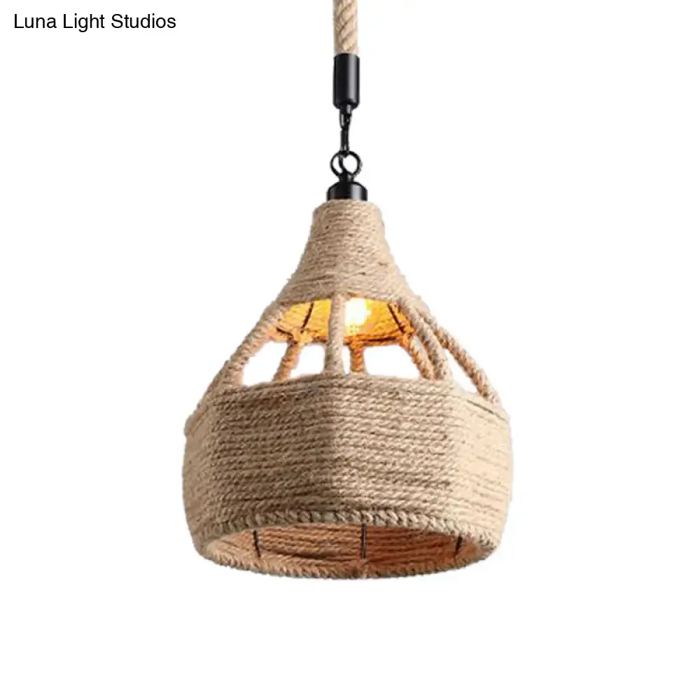 Beige Farmhouse Ceiling Light with Rope Detail - 1-Bulb Pendant Lamp for Coffee Shops - 8" or 15" Wide