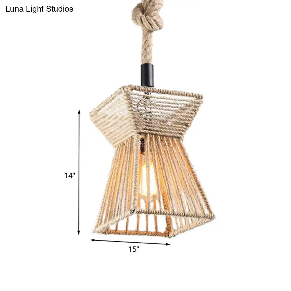 Beige Farmhouse Ceiling Light with Rope Detail - 1-Bulb Pendant Lamp for Coffee Shops - 8" or 15" Wide