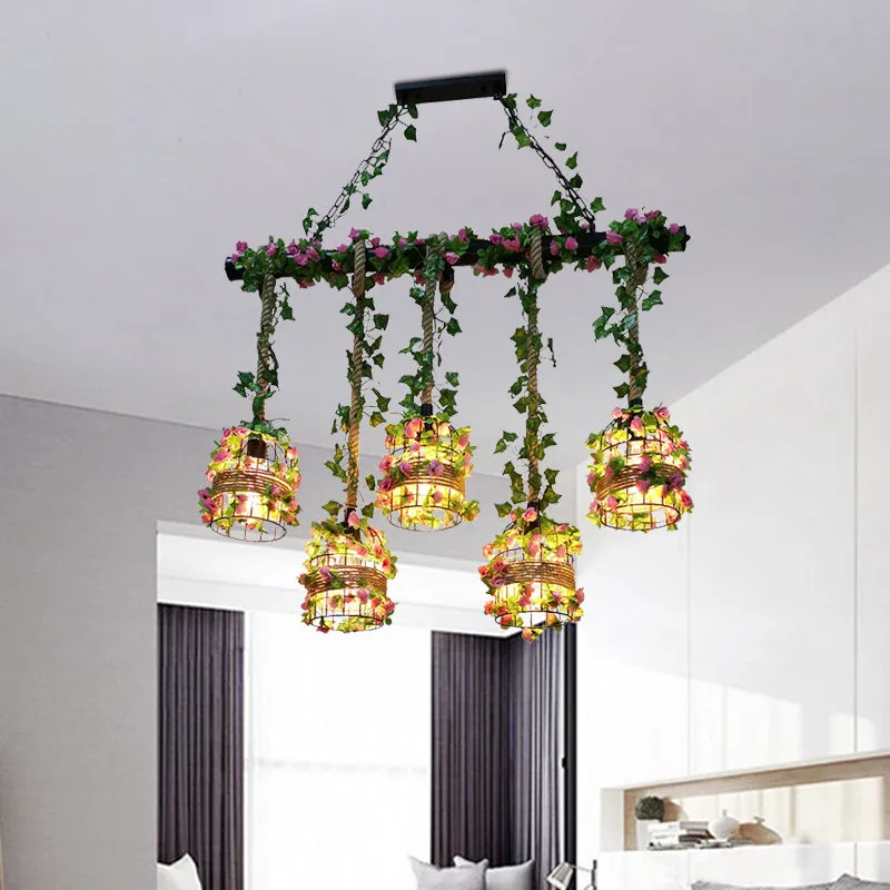 Black Birdcage Metallic Linear Pendant with Rose Vine: 5 Bulbs Rope Island Light Fixture