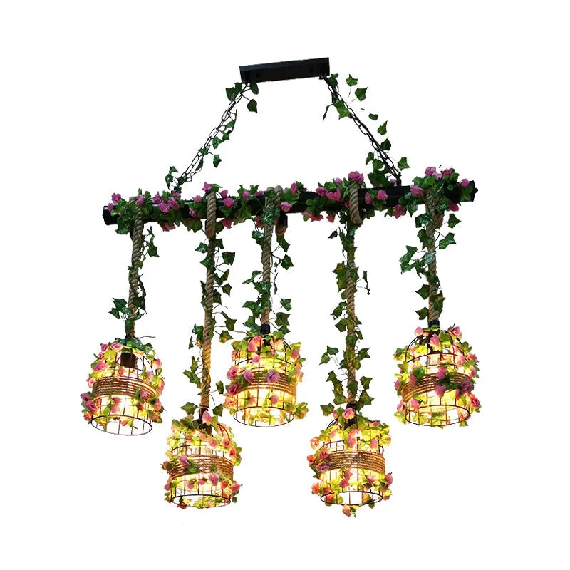 Black Birdcage Metallic Linear Pendant with Rose Vine: 5 Bulbs Rope Island Light Fixture