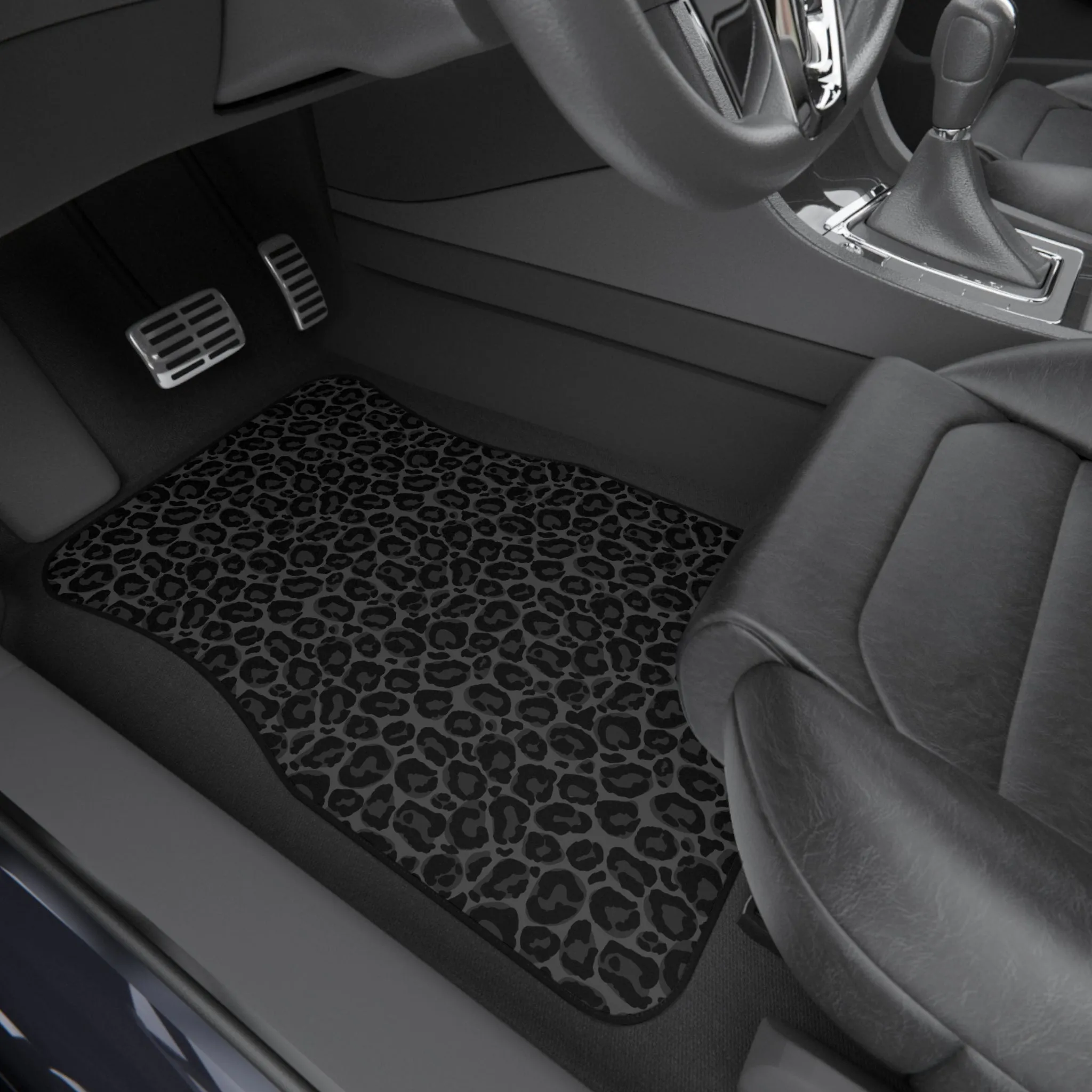 Black Leopard Car Front and Back Floor Mats (Set of 4), Cheetah Print Auto Vehicle Suv Truck Accessories Rubber All Weather Women Men Mat