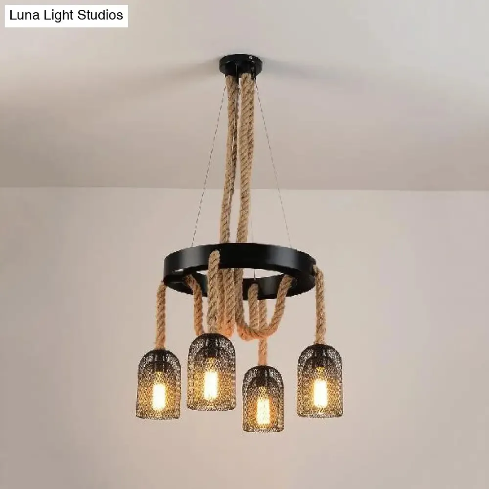 Black Mesh Shade 4-Light Ring Hanging Chandelier with Rope Detail - Industrial Foyer Lamp