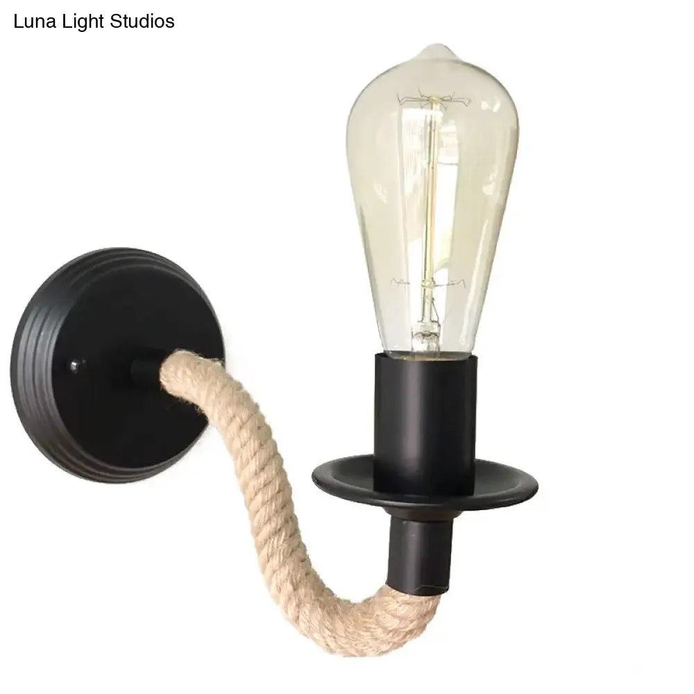 Black Metal Exposed Bulb Wall Sconce with Rope Wrapped Arm - Country Aisle Lighting