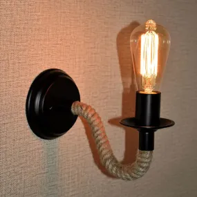 Black Metal Exposed Bulb Wall Sconce with Rope Wrapped Arm - Country Aisle Lighting