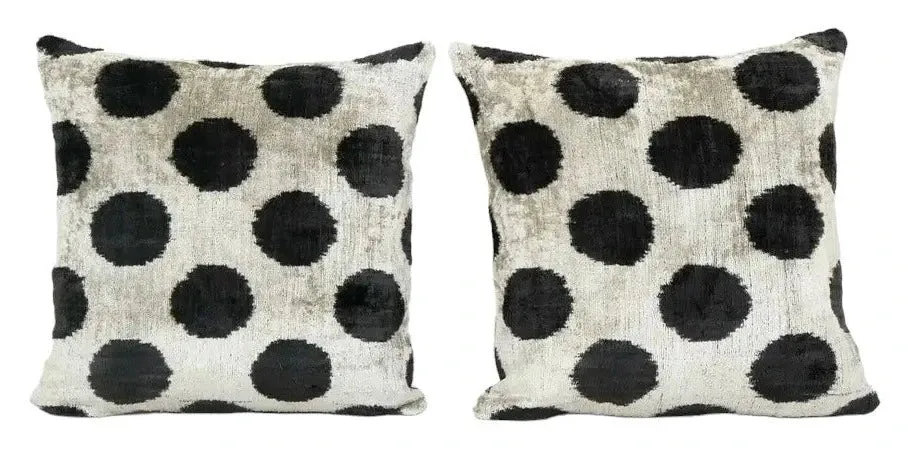 Black Silk Ikat Velvet Pillow Cover, Polka Dot Ikat Square | 16ʺ  × 16"