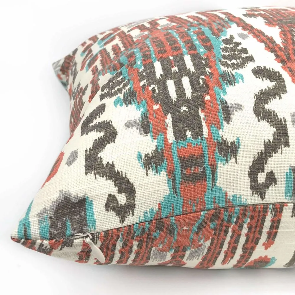 Bombay Paprika Orange Aqua Cream Ikat Pillow Cover (Made from Lacefield Designs Fabric)