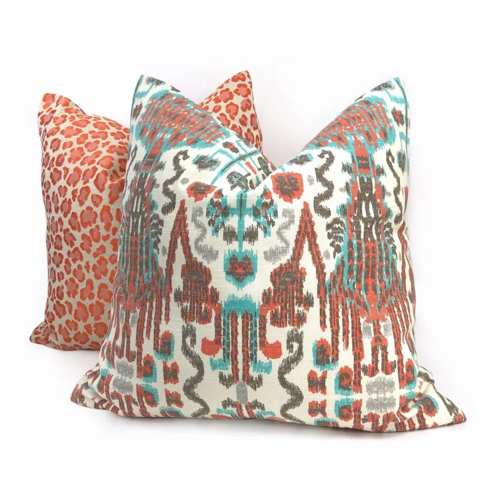 Bombay Paprika Orange Aqua Cream Ikat Pillow Cover (Made from Lacefield Designs Fabric)