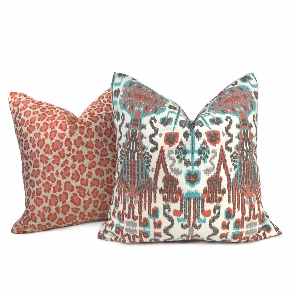 Bombay Paprika Orange Aqua Cream Ikat Pillow Cover (Made from Lacefield Designs Fabric)