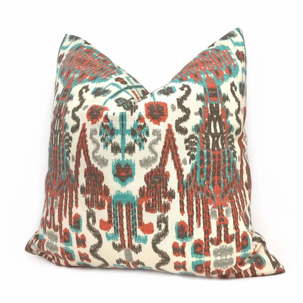 Bombay Paprika Orange Aqua Cream Ikat Pillow Cover (Made from Lacefield Designs Fabric)