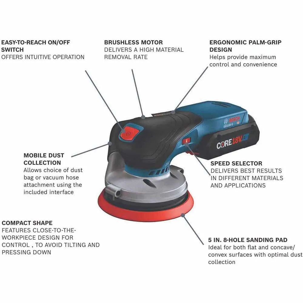 Bosch GEX18V-5B15 18V Brushless 5 In. Random Orbit Sander Kit with (1) CORE18V 4.0 Ah Compact Battery