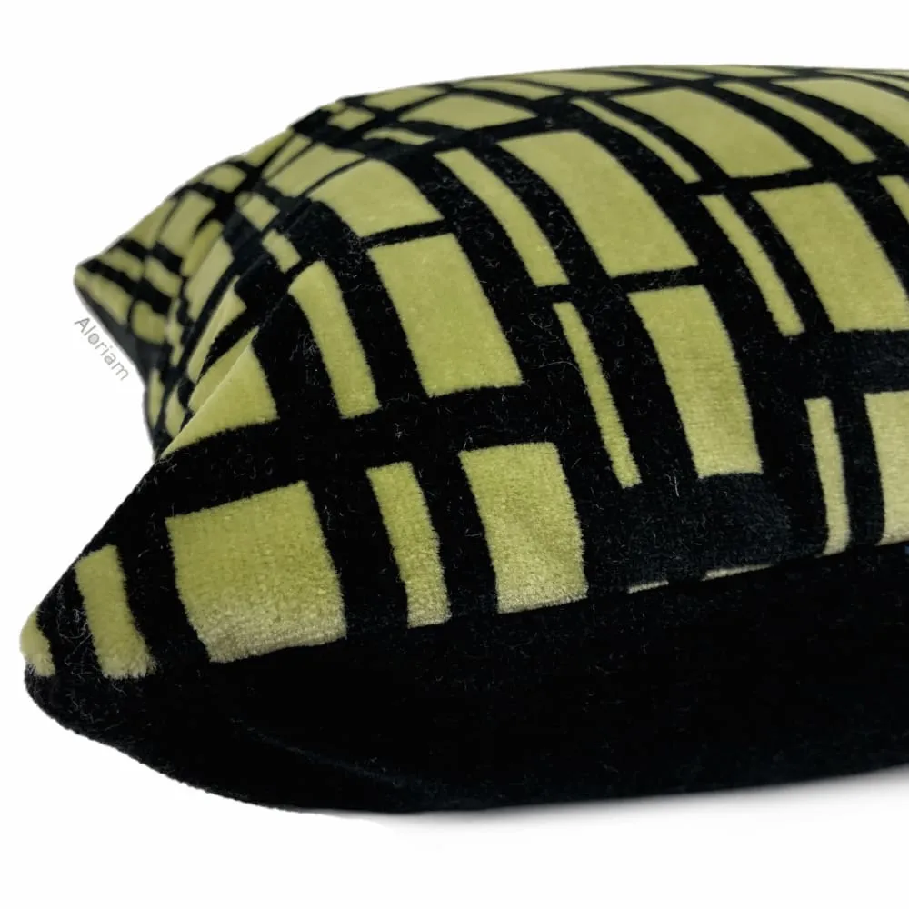 Brunschwig & Fils Black Chartreuse Gridlock Velvet Pillow Cover (Fabric available by the Yard)