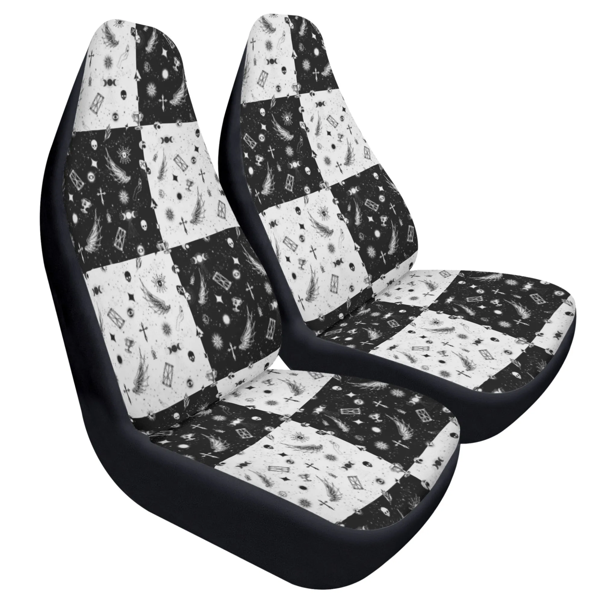 Car Accessories | Car Seat Covers for Front | Set of 2 | Sweat Protector | Vehicle Interiors–Monochrome Checkered