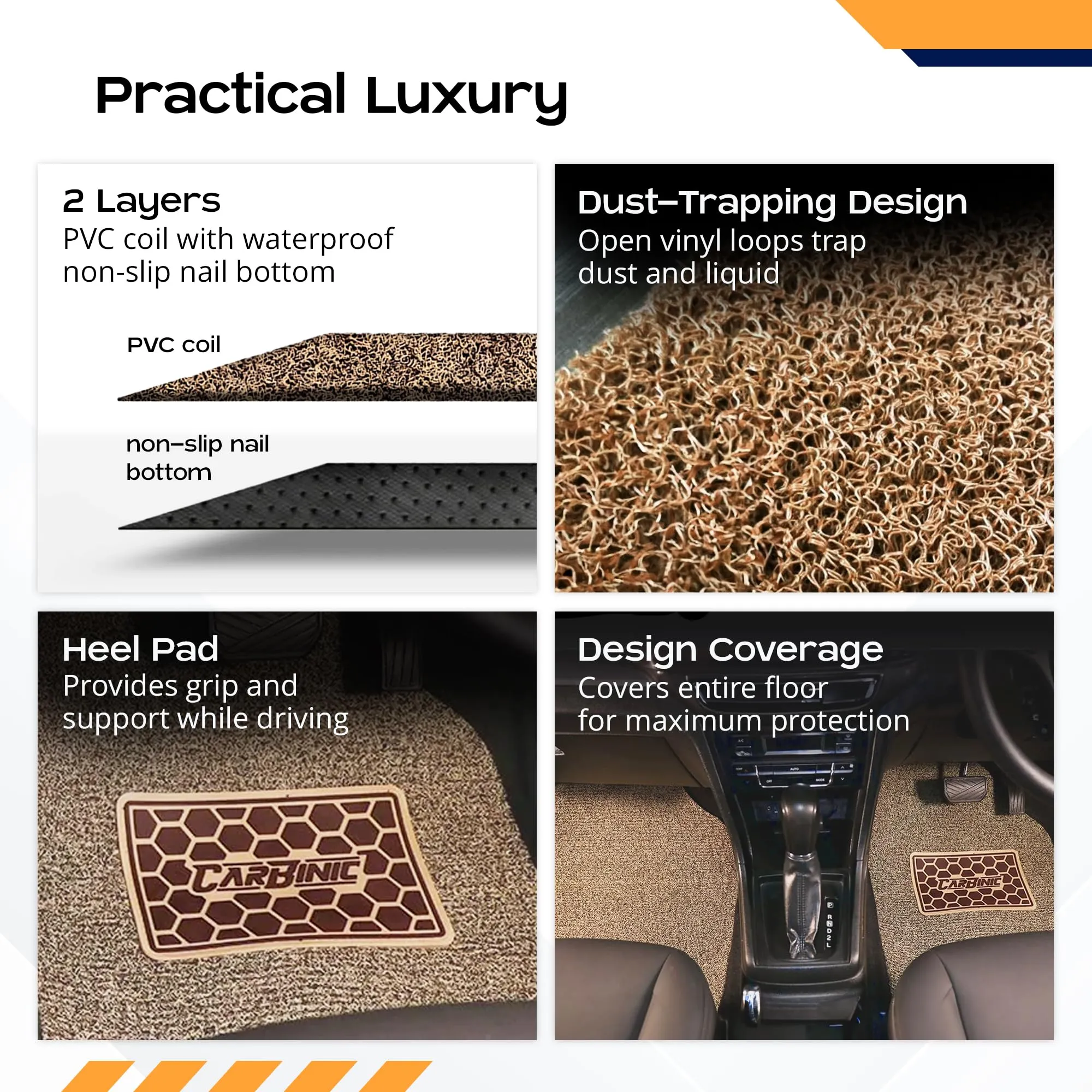 CARBINIC Anti Skid Car Mats - Universal Fit - For All Cars Curly/Noodle Car Floor Mat All Weather Pvc Car Mat Premium Vinyl Rubber Car Mats Car Accessories Set Of 5- Beige Brown