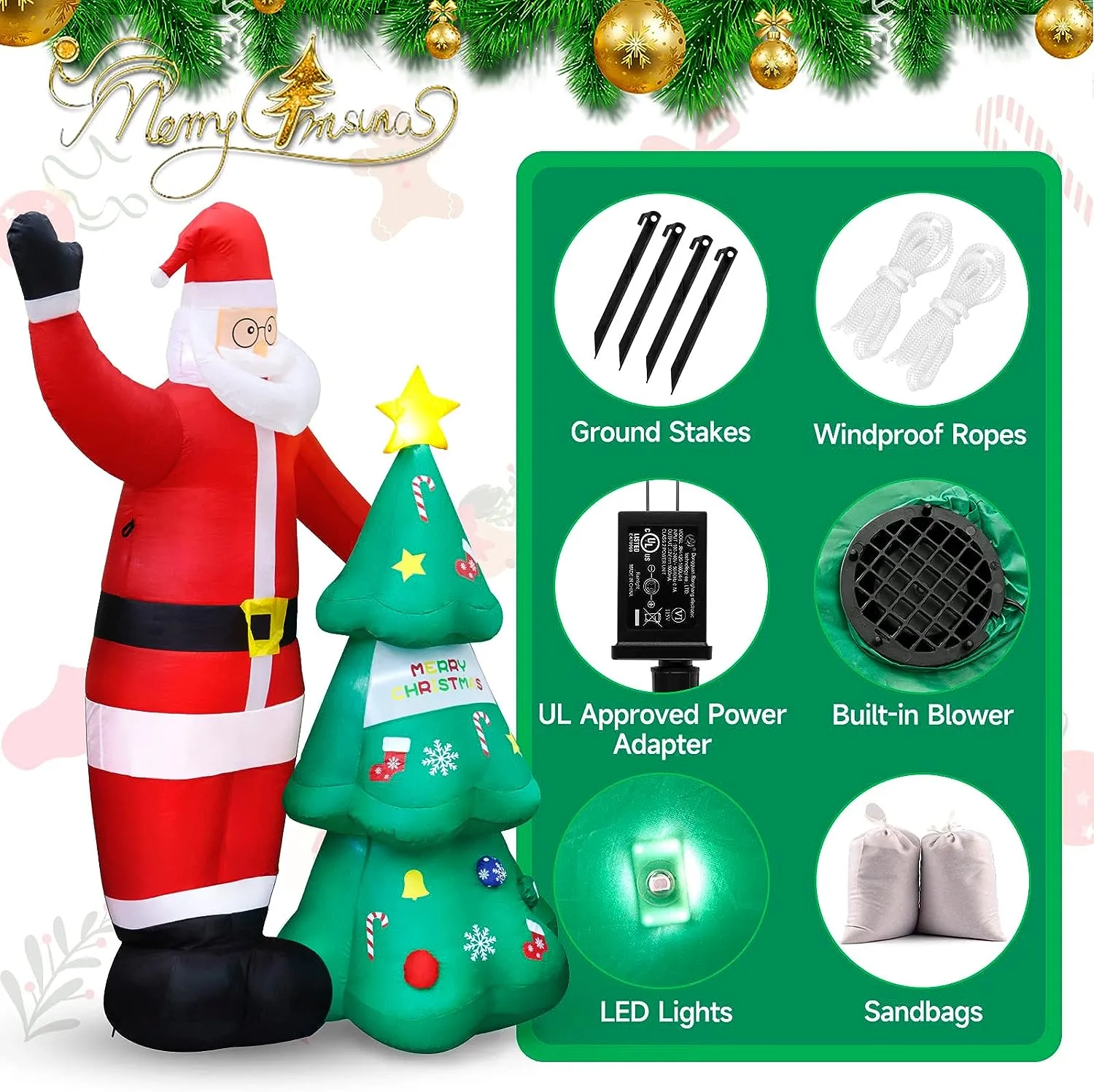 Christmas Inflatable Santa and Christmas Tree XL large 8 feet 2.5m Inflatable with LED lights