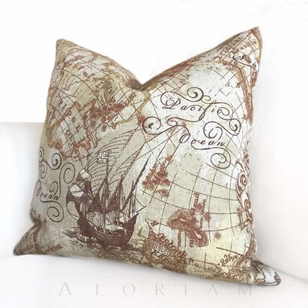 (CLEARANCE) Magellan Antique Old World Map Print Brown Beige Linen Pillow Cover