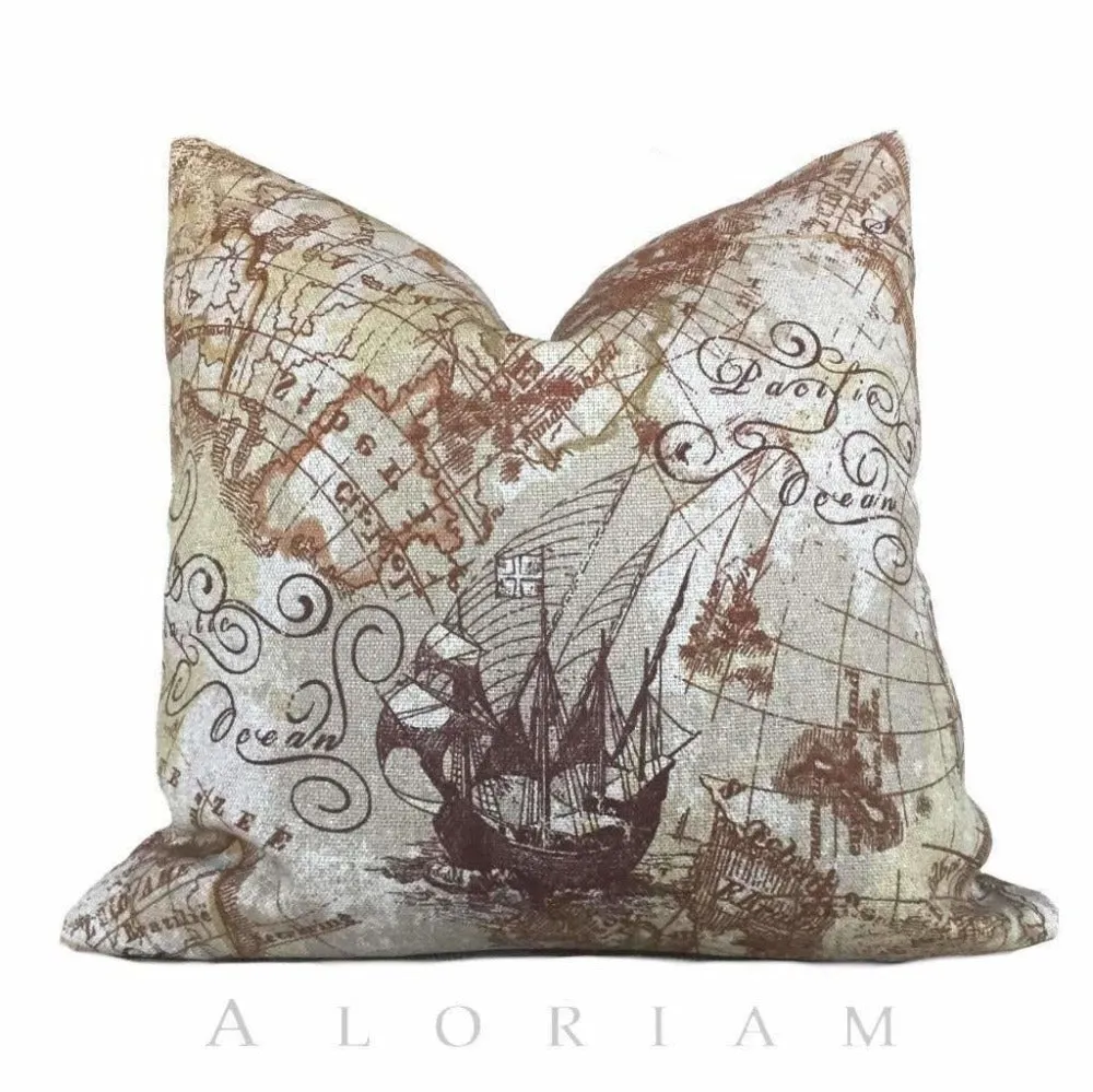 (CLEARANCE) Magellan Antique Old World Map Print Brown Beige Linen Pillow Cover