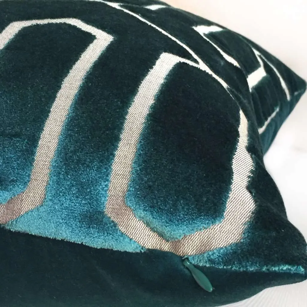 (CLEARANCE) Robert Allen Bengal Lattice Peacock Teal Green Geometric Italian Cut Velvet Pillow Cover