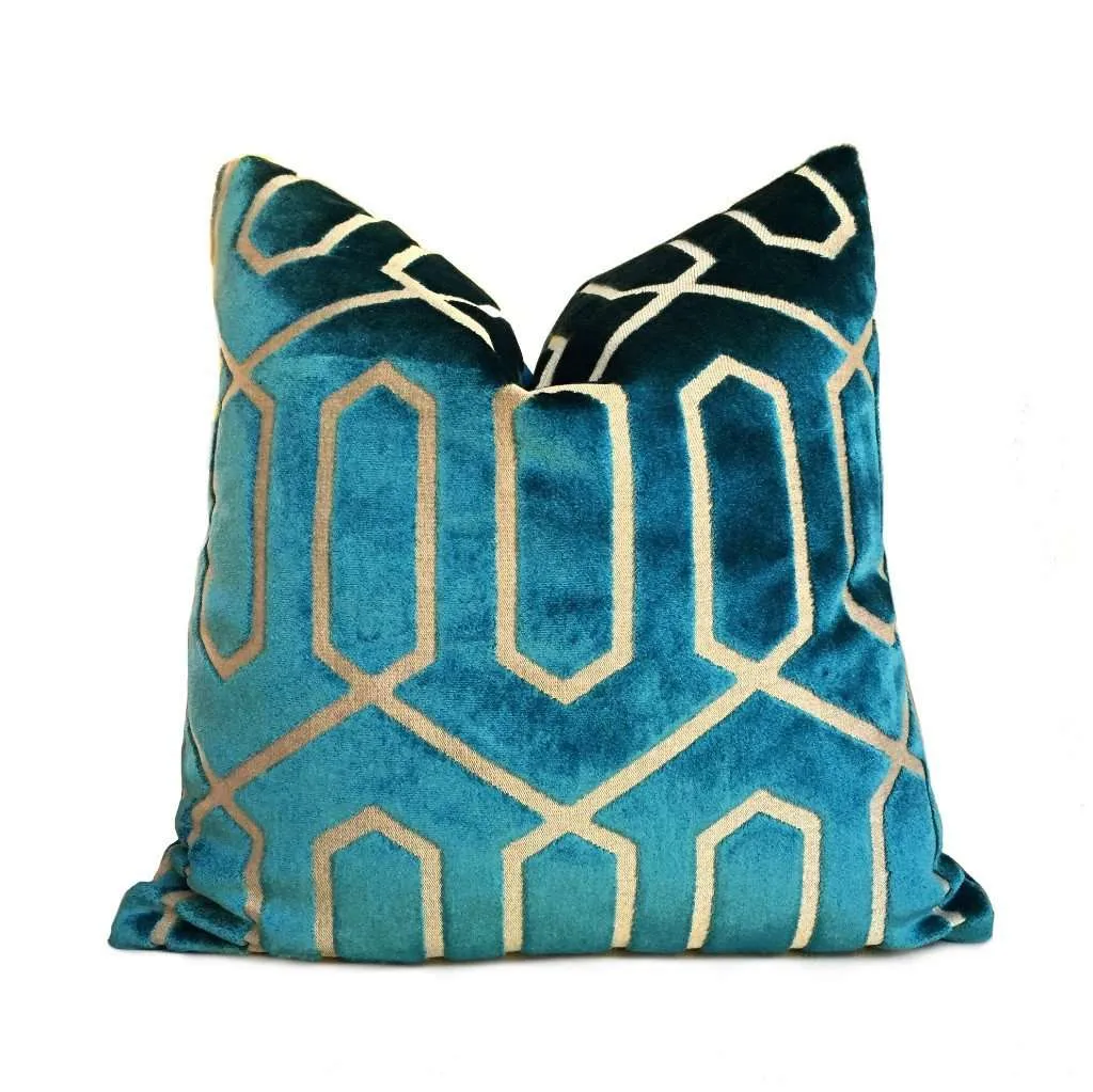 (CLEARANCE) Robert Allen Bengal Lattice Peacock Teal Green Geometric Italian Cut Velvet Pillow Cover