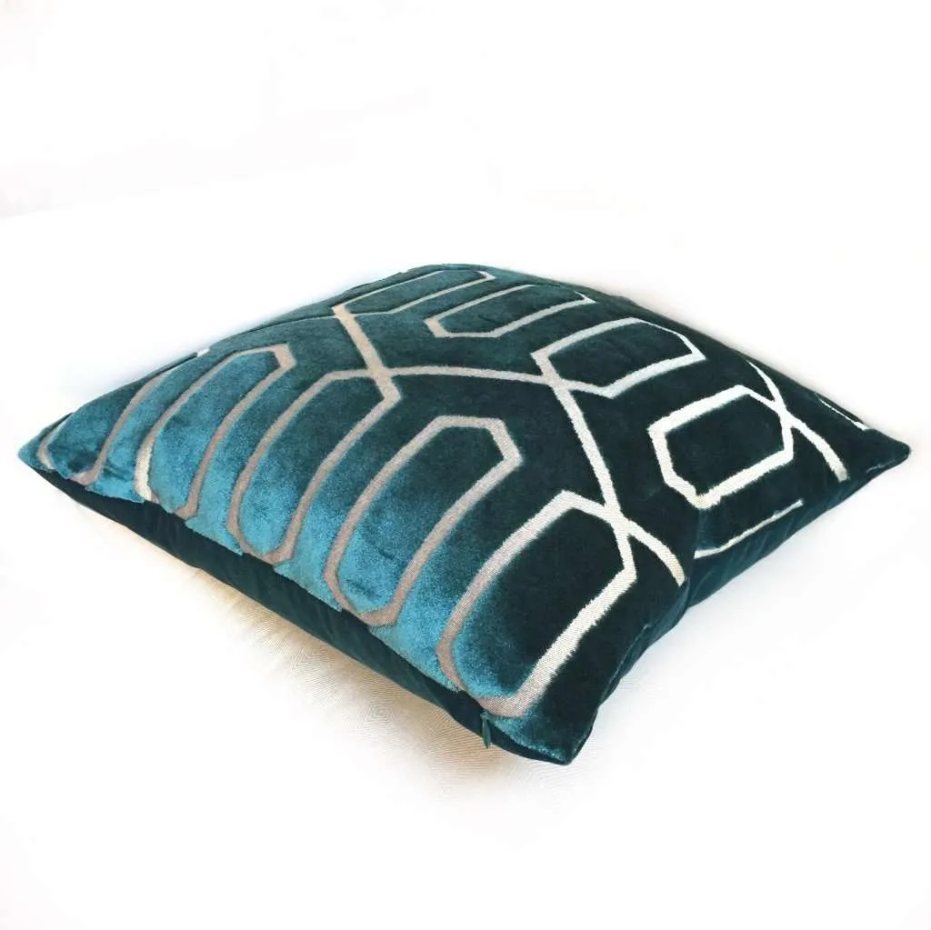 (CLEARANCE) Robert Allen Bengal Lattice Peacock Teal Green Geometric Italian Cut Velvet Pillow Cover