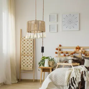 Contemporary Coastal Round Tassel Hemp Rope Rattan 1-Light Pendant Light For Bedroom