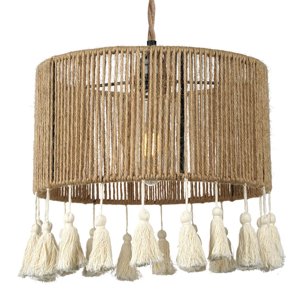 Contemporary Coastal Round Tassel Hemp Rope Rattan 1-Light Pendant Light For Bedroom